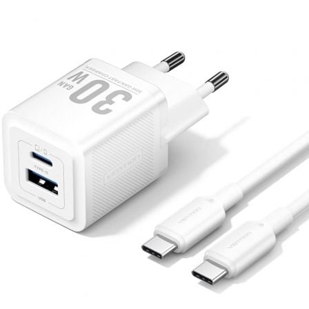 Cargador de Pared GaN Vention TZ-FEQW0-EU-01/ 1xUSB Tipo-C/ 1xUSB + Cable USB Tipo-C/ 30W - Frikibase