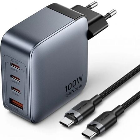 Cargador de Pared GaN Vention TZ-FETH0-EU/ 3xUSB Tipo-C/ 1xUSB/ 100W - Frikibase