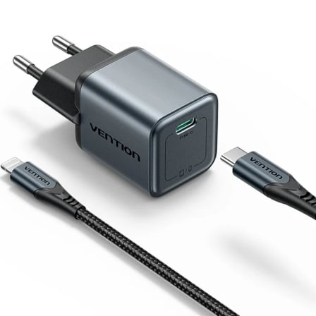 Cargador de Pared GaN Vention TZ-FEVH0-EU/ 1xUSB Tipo-C + Cable Lightning/ 20W - Frikibase