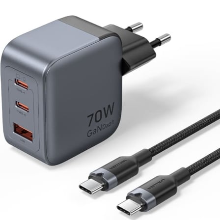 Cargador de Pared GaN Vention TZ-FEXH0-EU/ 2xUSB Tipo-C/ 1xUSB + Cable USB Tipo-C/ 70W - Frikibase