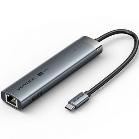 Docking USB Tipo-C Vention TGNHB/ 1xUSB 3.2 Tipo-C/ 2xUSB/ 1xHDMI 4K/ 1xRJ45/ 1xUSB Tipo-C PD/ Gris - Frikibase