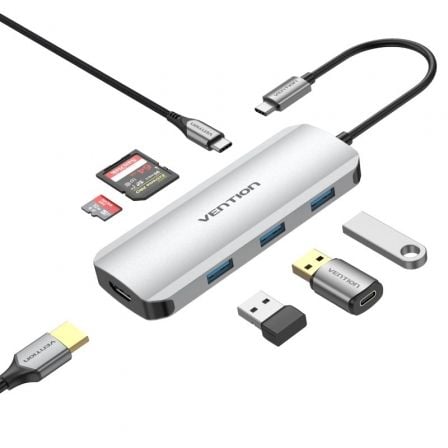 Docking USB Tipo-C Vention TOJHB/ 1xHDMI 4K/ 3xUSB/ 1xUSB Tipo-C/ 1xLector Tarjetas/ Gris - Frikibase