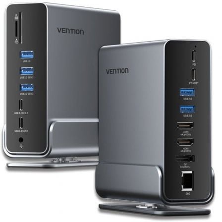 Docking USB Tipo-C Vention TPUH0/ 2xHDMI 4K/ 1xDisplayPort/ 3xUSB Tipo-C/ 5xUSB/ 1xRJ45/ 1xLector de Tarjetas/ 1xJack 3.5/ 1xUSB Tipo-C PD/ Gris - Frikibase