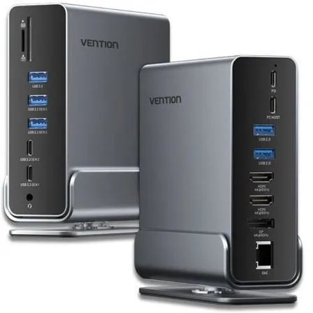Docking USB Tipo-C Vention TPUH0/ 2xHDMI 4K/ 1xDisplayPort/ 3xUSB Tipo-C/ 5xUSB/ 1xRJ45/ 1xLector de Tarjetas/ 1xJack 3.5/ 1xUSB Tipo-C PD/ Gris - Frikibase