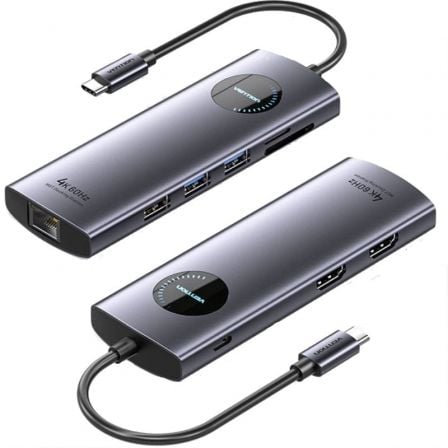 Docking USB Tipo-C Vention TQVHB/ 2xHDMI 4K/ 3xUSB/ 1xRJ45/ 1xLector de Tarjetas/ 1xUSB Tipo-C PD/ Gris - Frikibase