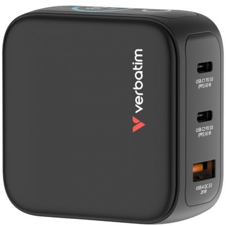 Cargador de Pared Universal GaN para Viaje Verbatim Mini GaN Charger Con Pantalla/ 2xUSB Tipo-C/ 1xUSB/ 65W - Frikibase